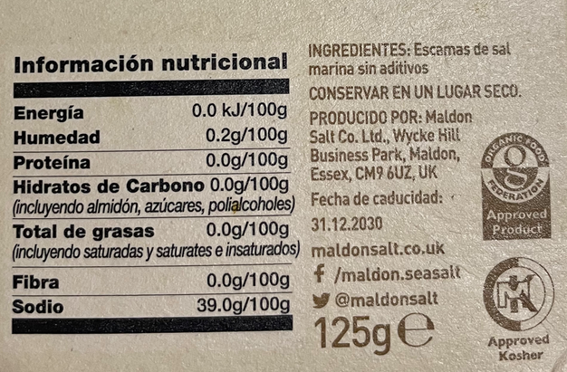 Ingredientes nutricionales de la sal marina de Maldon