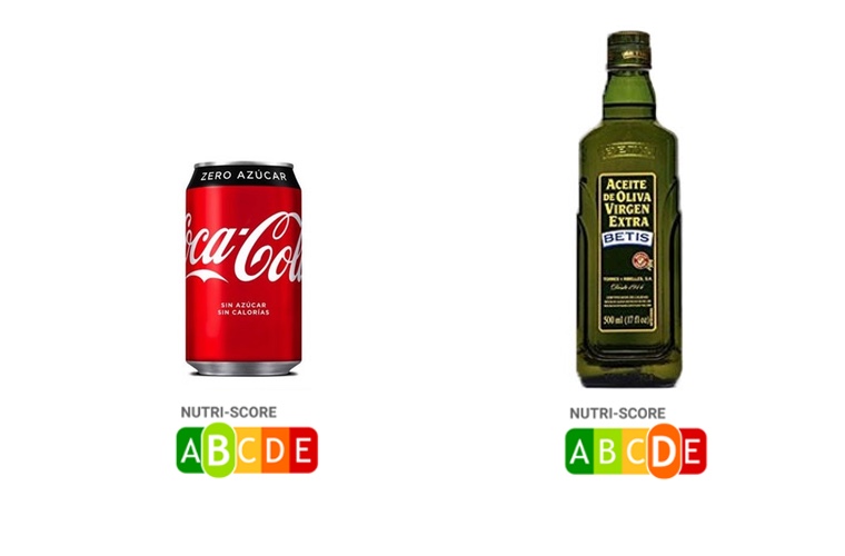Comparativa NutriScore entre CocaCola Zero y el aceite de Oliva