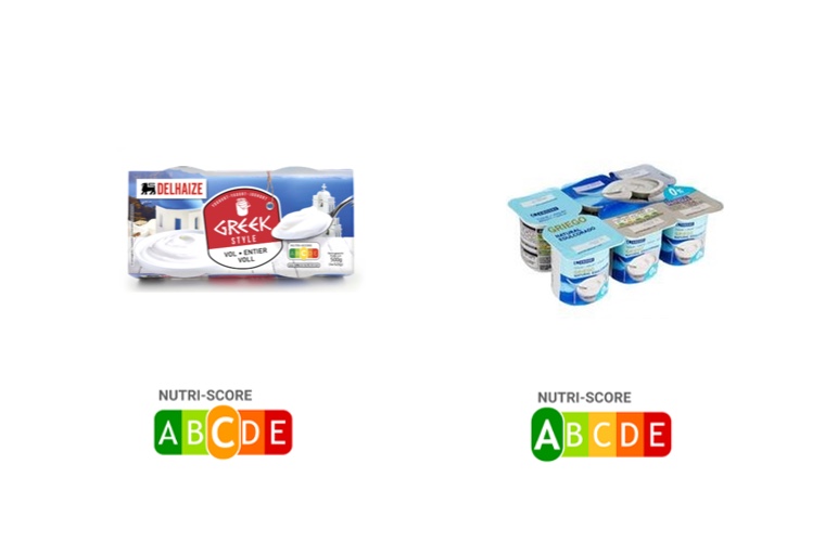 comparativa yogur natural griego con yogur natural desnatado edulcorado griego en nutriscore