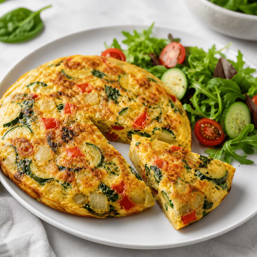 Tortilla con verduras y ensalada para una cena rápida y saludable