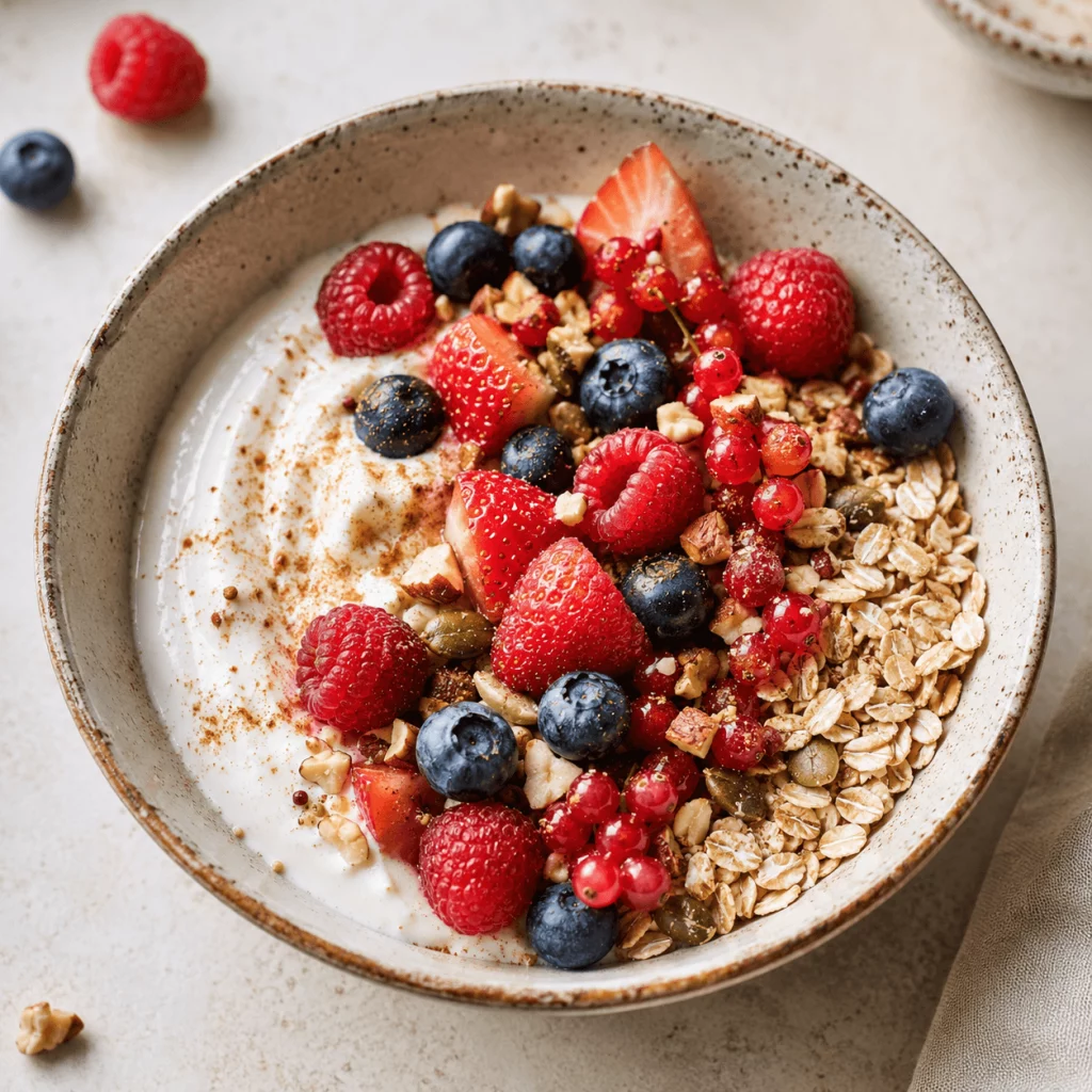 Bowl de yogur con frutos rojos, avena y frutos secos
