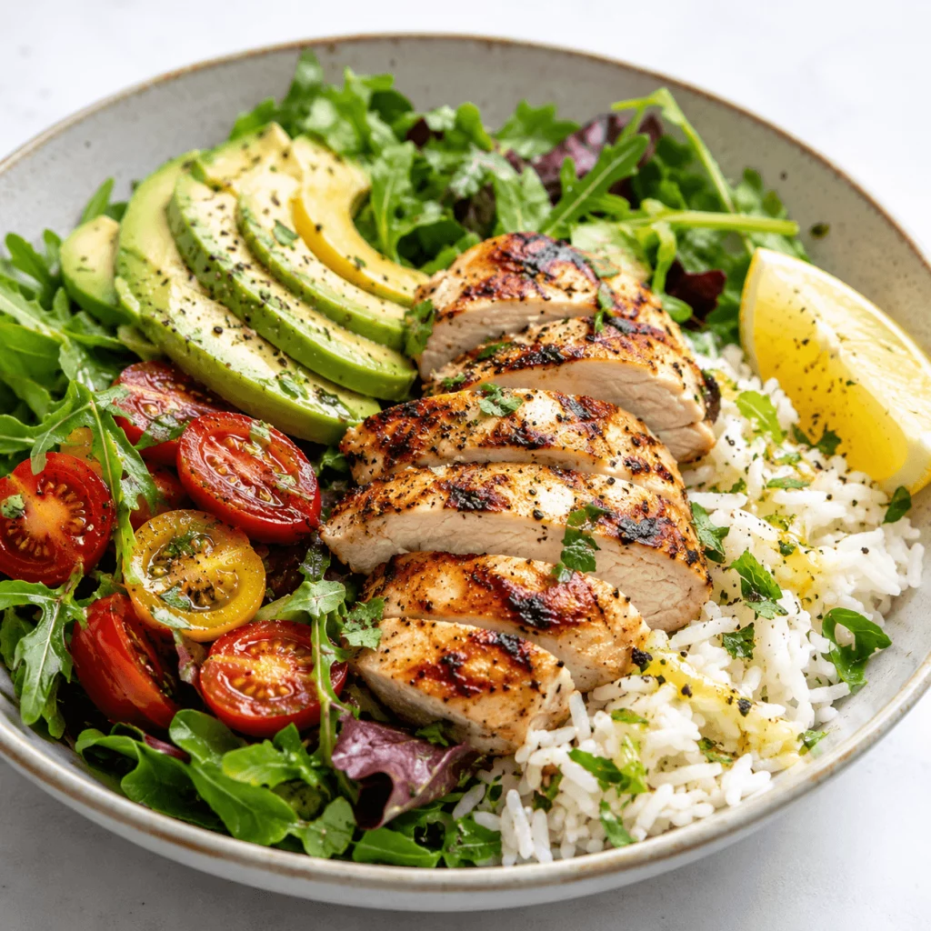 Ensalada de pollo con aguacate, arroz, tomate cherry y hojas verdes