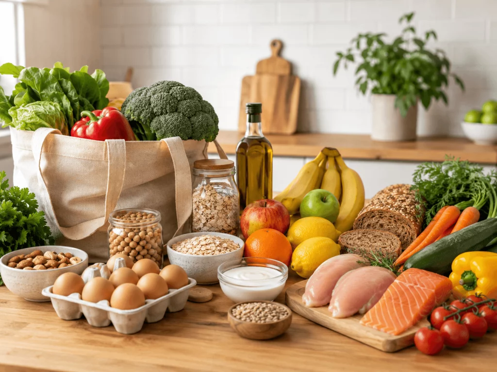 Guía de compra saludable con alimentos frescos y básicos semanales