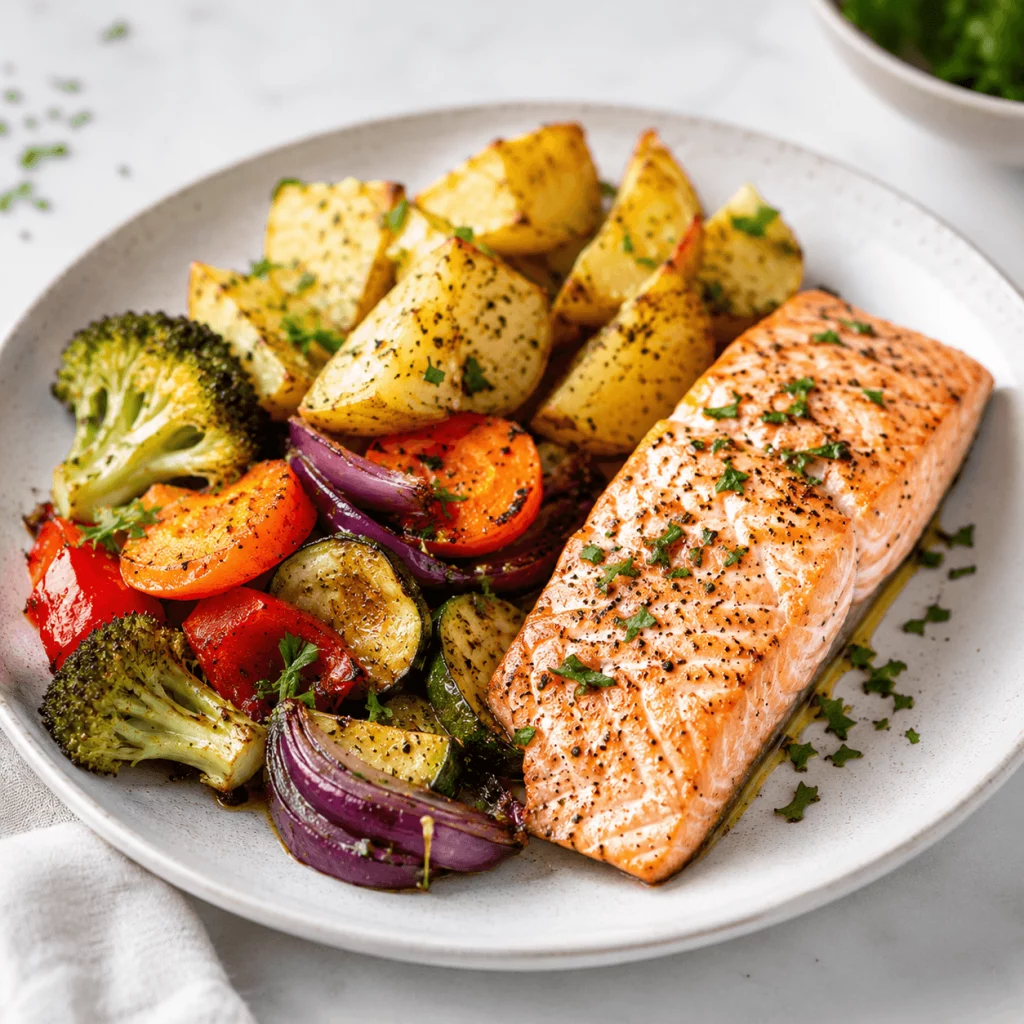 Salmón al horno con patata, brócoli, calabacín y verduras asadas