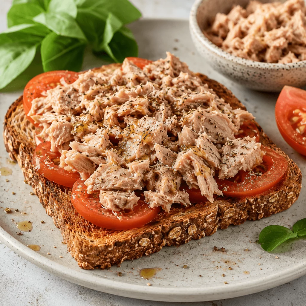 Tostada integral con atún, tomate y especias