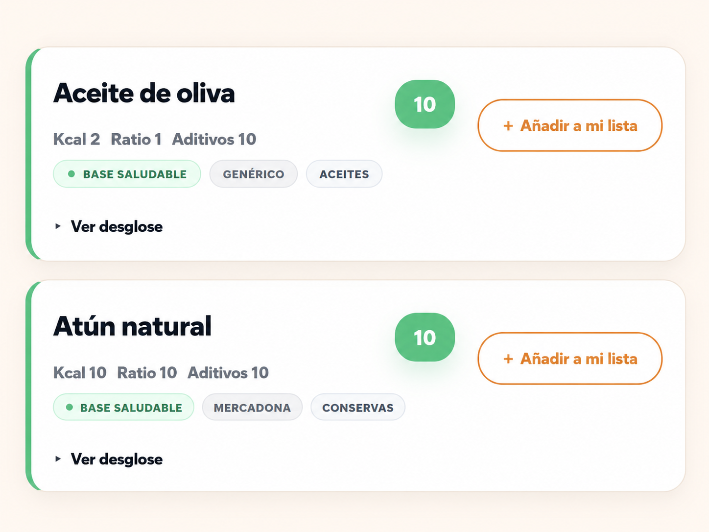 Lista de la compra con productos analizados
