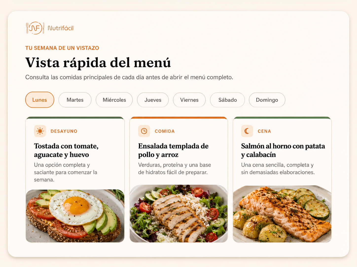 Vista rápida de un menú semanal de Nutrifácil
